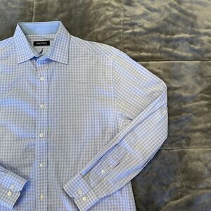 Nautica Shirt Mens‎ 15.5 Blue Pink stripe Plaid 34 Button Up Long Sleeve